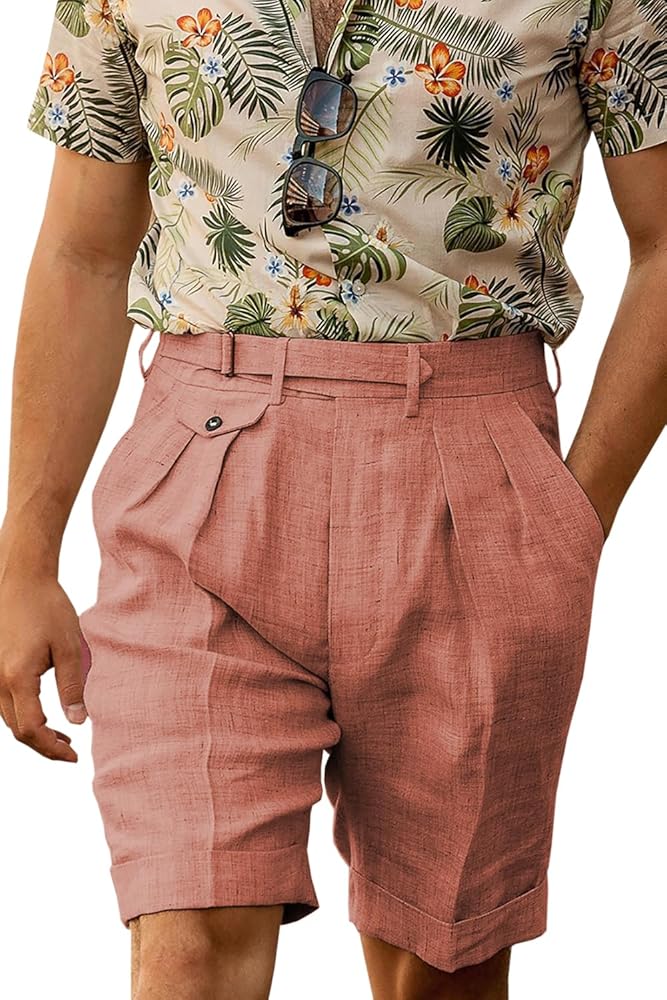 Vintage Mens Linen Shorts Elastic Waist Regular Fit Flat Front Summer Beach Shorts