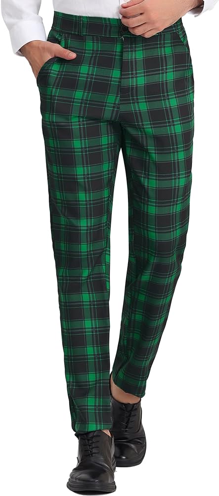 Lars Amadeus Men's Plaid Dress Pants Flat Front Business Trousers Checked Suit Pants