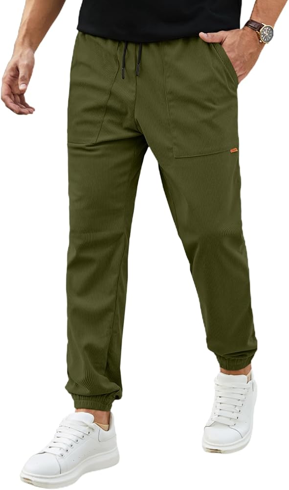 JMIERR Mens Corduroy Pants - Drawstring Waist Stretch Tapered Joggers Sweatpants Chinos Pants with Pockets