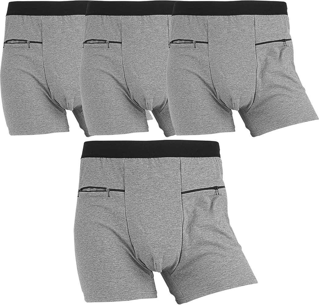 Pocket Underwear for Men with Secret Hidden Pocket, Travel Boxer Briefs, 4 Packs (Gray)