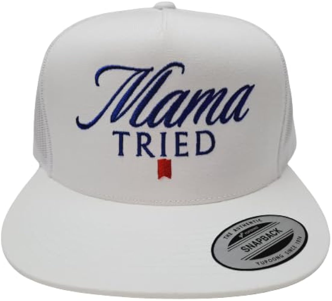 Mama Tried Trucker Mesh Snapback Flat Bill Hat Cap White Embroidered