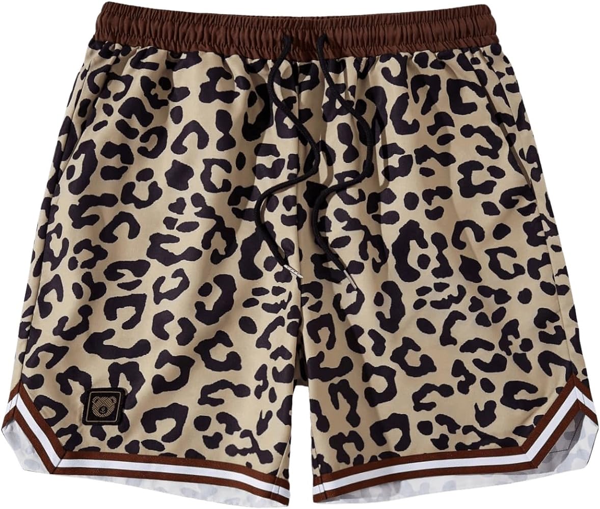 Verdusa Men's Leopard Print Drawstring Waist Summer Shorts with Pockets