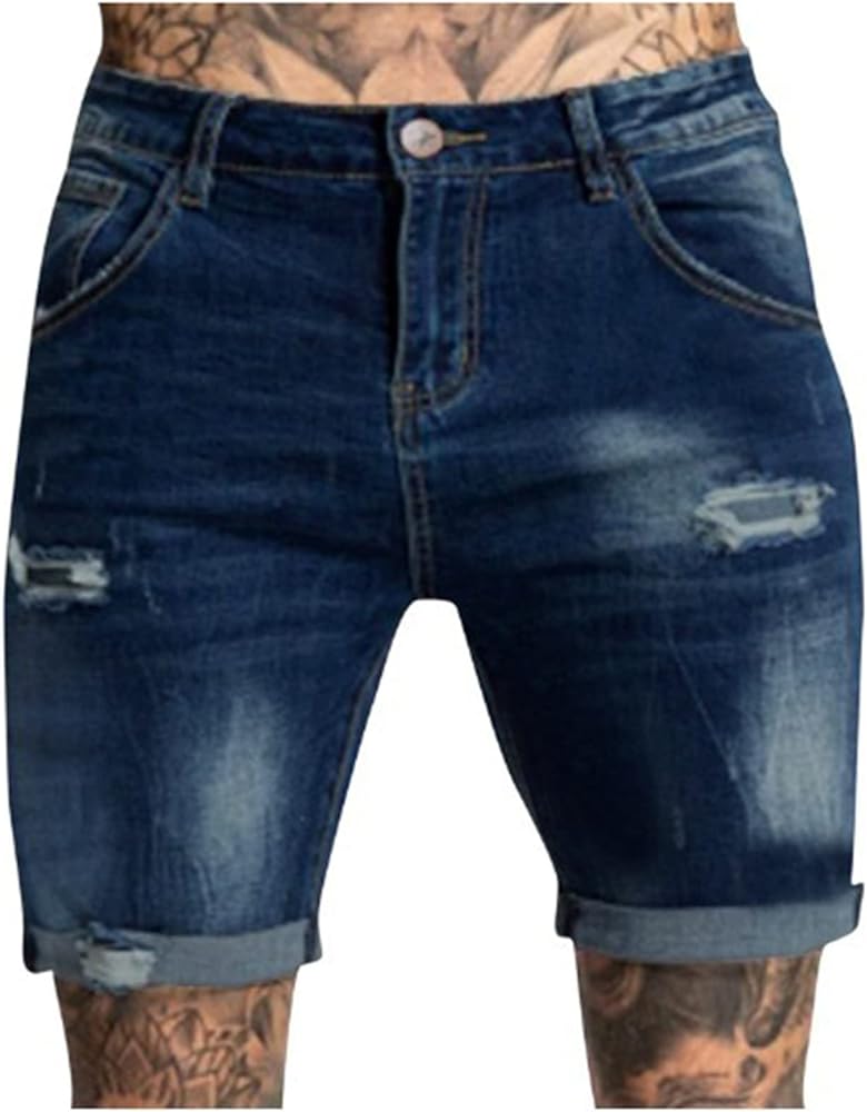 Men's Shorts Jeans Shorts Ripped Distressed Denim Shorts with Broken Hole Stretchy Jeans Shorts Men