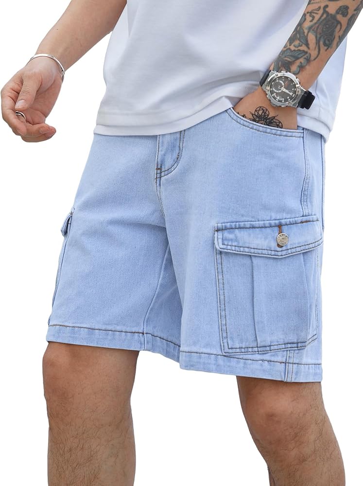 Verdusa Men's Casual High Waist Straight Leg Denim Cargo Shorts with Pockets