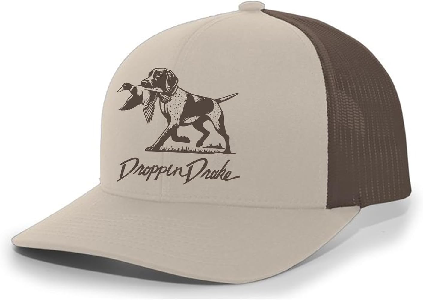 Mens Droppin Drake Dog Carrying Duck Hunting Southern Duck Call Mens Embroidered Mesh Back Trucker Hat