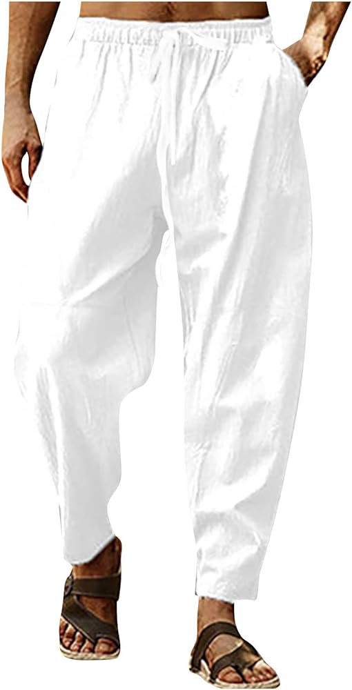 Mens Linen Pants Big and Tall Elastic Waist Harem Pants Drawstring Beach Pants Men Jogger Yoga Work Pants Trousers