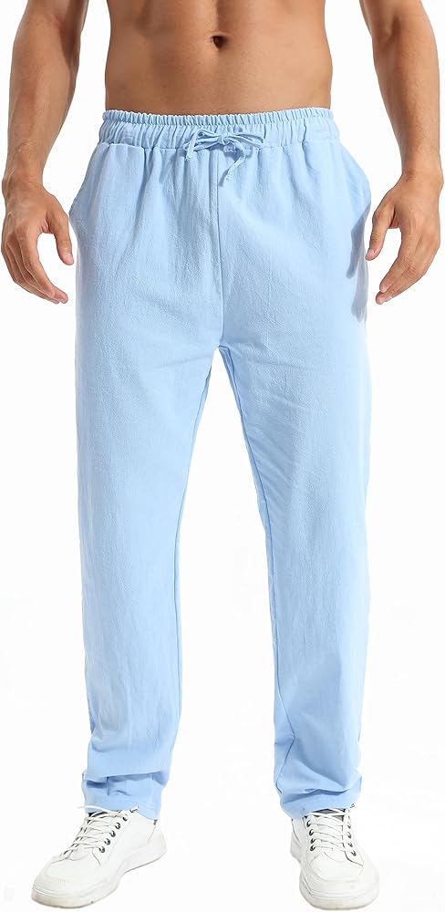 Men's Linen Pants Casual Long Pants - Loose Lightweight Drawstring Yoga Beach Trousers Casual Trousers