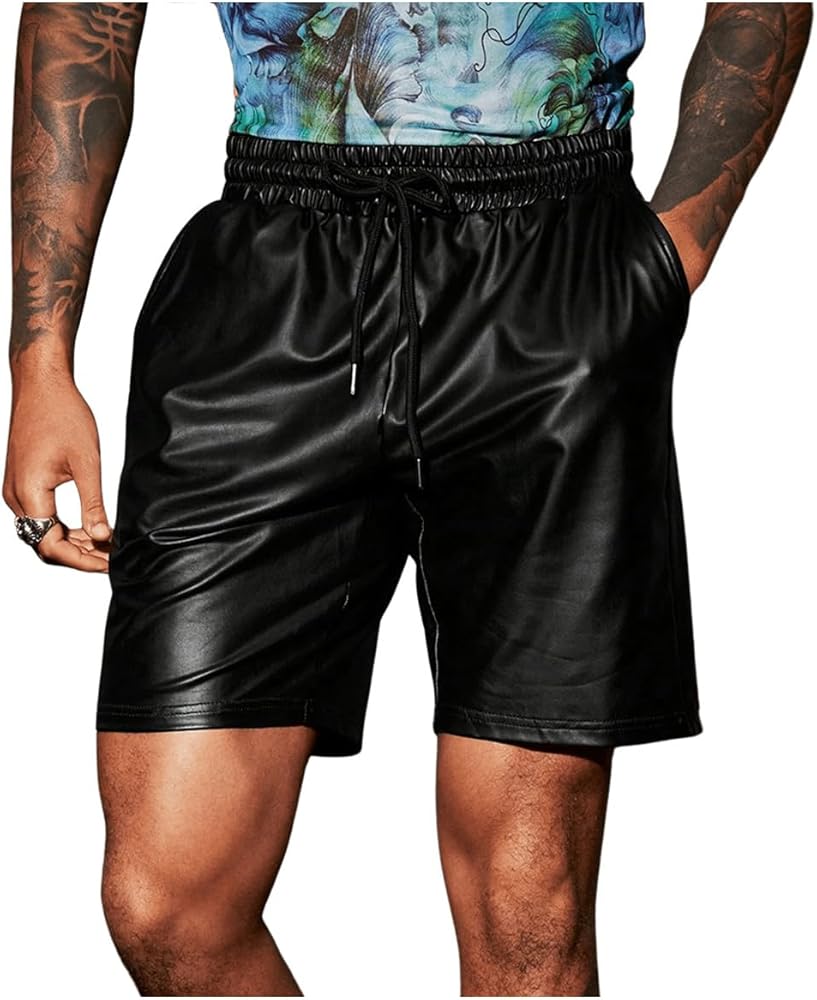 GORGLITTER Men's PU Leather Shorts Drawstring Elastic Waist Punk Shorts