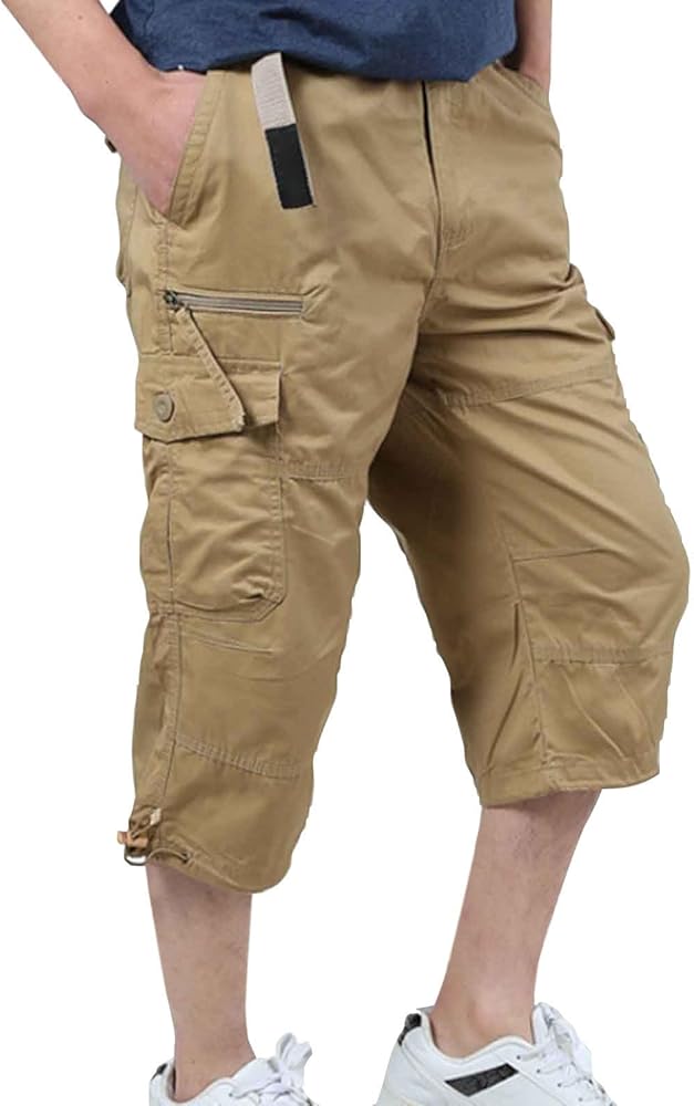 Outdoor Tactical Shorts for Men Casual Elastic Waist Cargo Work Shorts Quick Dry 3/4 below Knee Military Capri Pants