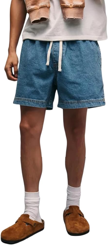 Men's Summer Denim Shorts Casual Drawstring Elastic Waist Jeans Short Unisex Boxers Shorts with Pockets