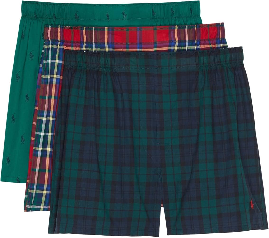 POLO RALPH LAUREN Classic Fit 3 Packaged Woven Boxers Blackwatch Plaid/Tartan Plaid/Vermont Green SM