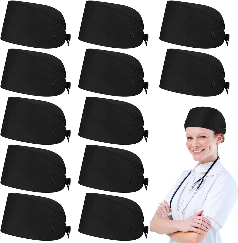 Yahenda 12 Pcs Surgical Working Caps Bulk with Button and Sweatband Adjustable Bouffant Hats Elastic Bandage Tie Back Nurse Scrub Cap for Women Men, Black