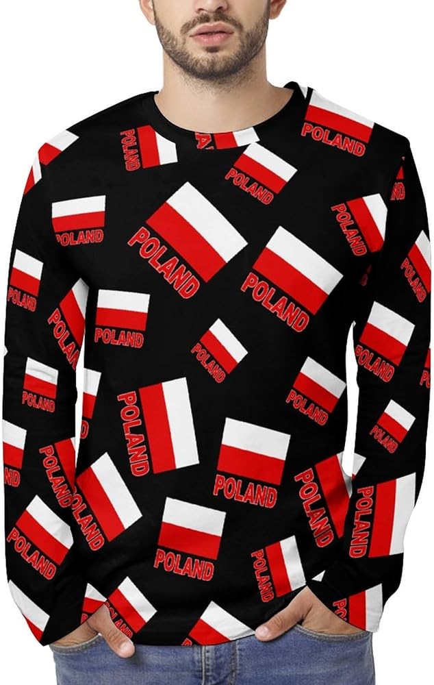 Polish Flag Mens Long Sleeve Shirts Pattern Print Tee Shirts Fashion Sweatshirts Pullover Tops