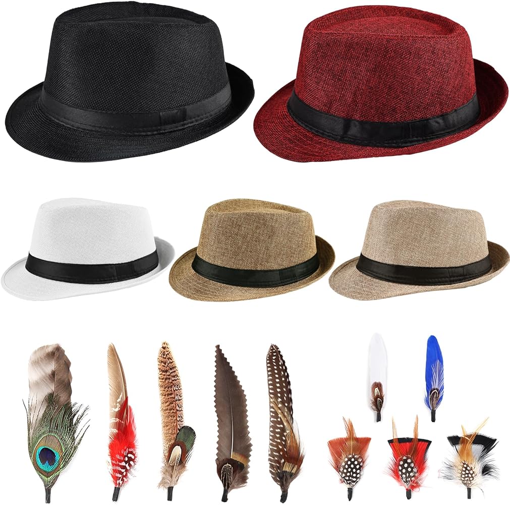 5 Pack Women Wide Brim Straw Panama Hat Fedora Summer Beach Sun Hat Hat for Women with Hat Feather