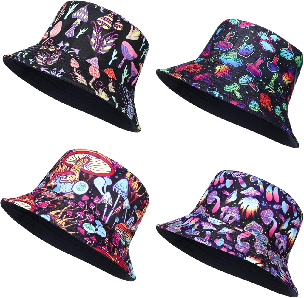 4 Pcs Mushroom Bucket Hat for Women Men Teens Reversible Printed Packable Beach Sun Hat Summer Mushroom Stuff Cute Festival Accessories Outdoor Rave Clothes Fisherman Cap for Travel Fishing Hiking