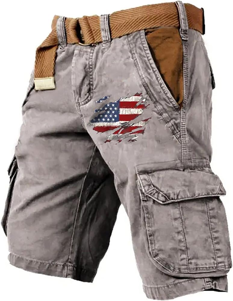 Men's Cargo Shorts 4th of July Tactical Shorts Multi-Pocket Outdoor Hiking Shorts American Flag Shorts for Men