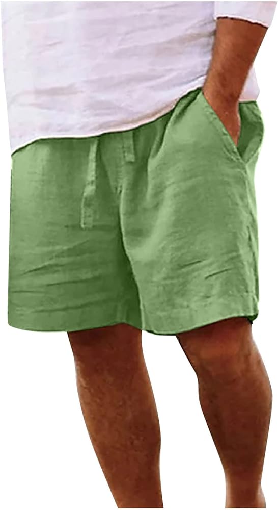 Linen Shorts for Men Summer Soild Color Beach Shorts Elastic Waist Drawstring Outdoors Shorts Breathable Sports Shorts