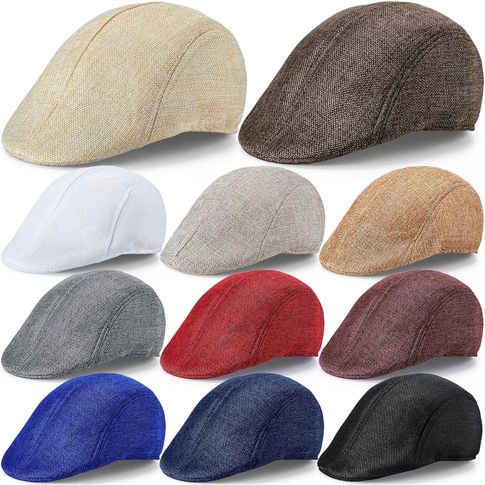 Eurzom 11 Pieces Men's Flat Cap Irish Hats Newsboy Hats for Men Cabbie Hunting Cap Weave Linen-Like Cotton Newsboy Hat 11 Colors