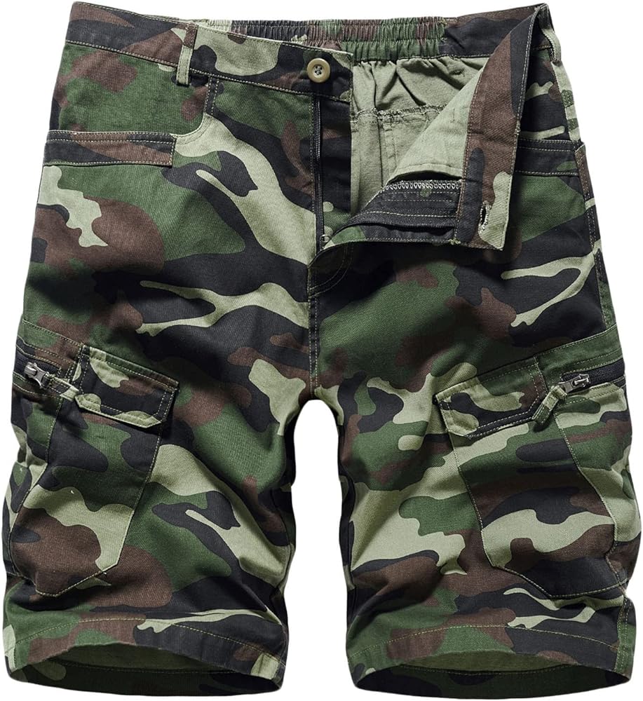 Mens Summer Casual Camouflage Cargo Shorts Zipper Button Multiple Pockets Cropped Shorts Knee Length Bermuda Shorts