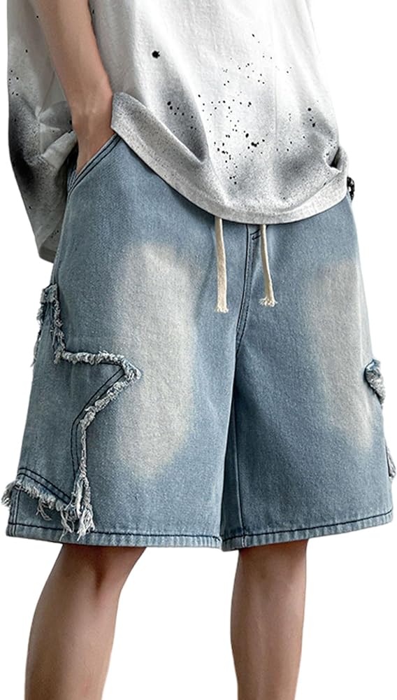 Men's Baggy Jeans Shorts Y2k Star Patchwork Denim Shorts Wide Leg Loose Hip-hop Jorts Y2k