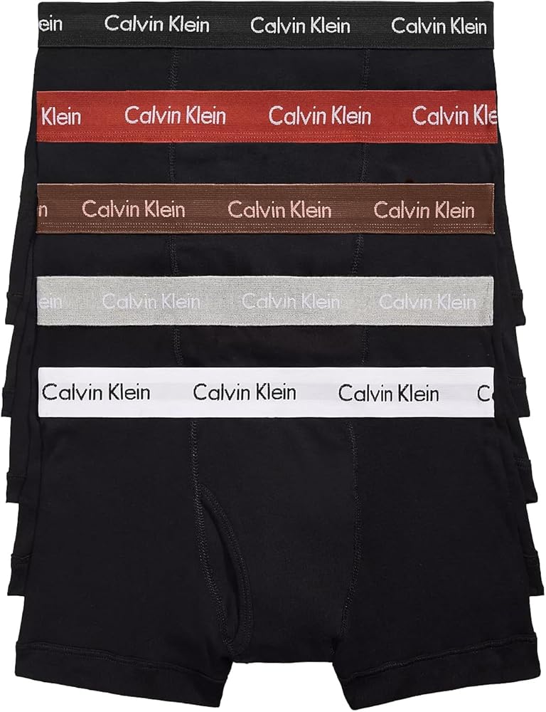 Calvin Klein Men's Cotton Classics 5-Pack Trunk, Black with Atlantic Deep/Cinnabar/Grey Heather/Bel Air Blue/Blueberry Waistband, s