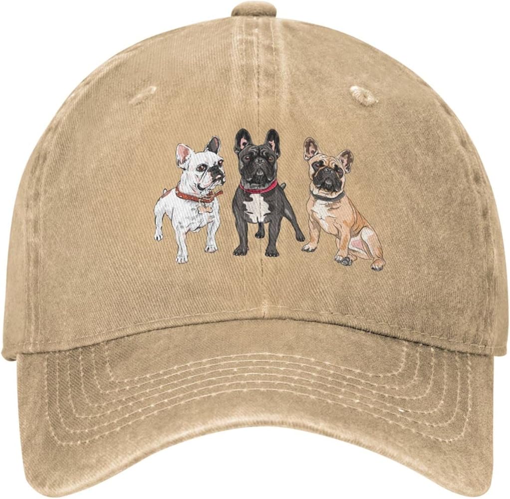 French Bulldog Dogs Vintage Distressed Adjustable Washed Denim Mens Dad Trucker Hat Baseball Ball Cap for Men