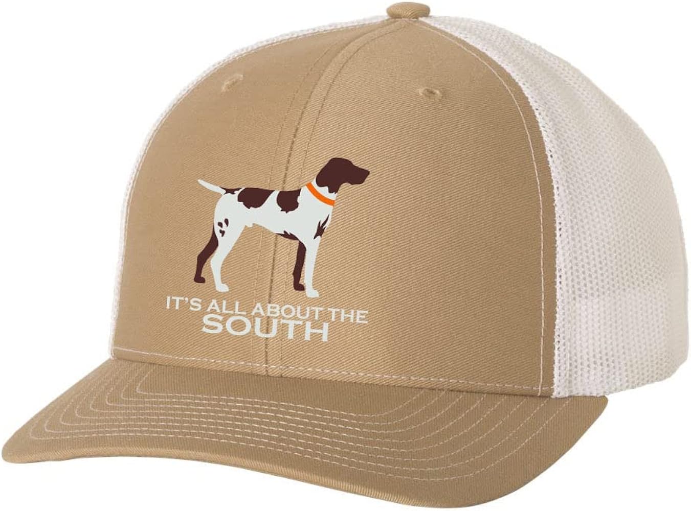 It's All About The South Pointer Mesh Back Trucker Hat-Khaki/White, One Size