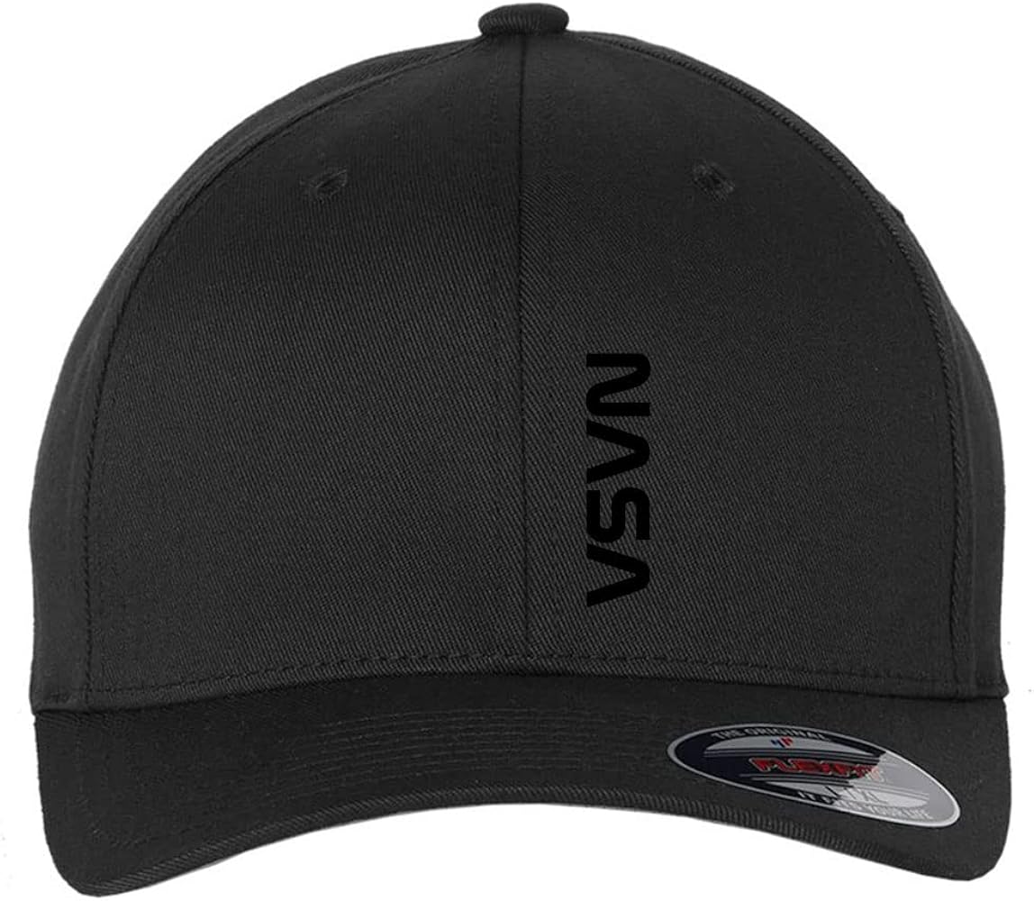 Black NASA Letter 6 Panel Mid Profile Flexfit Closed Back Twill Cap - Small to 2XL Big Size