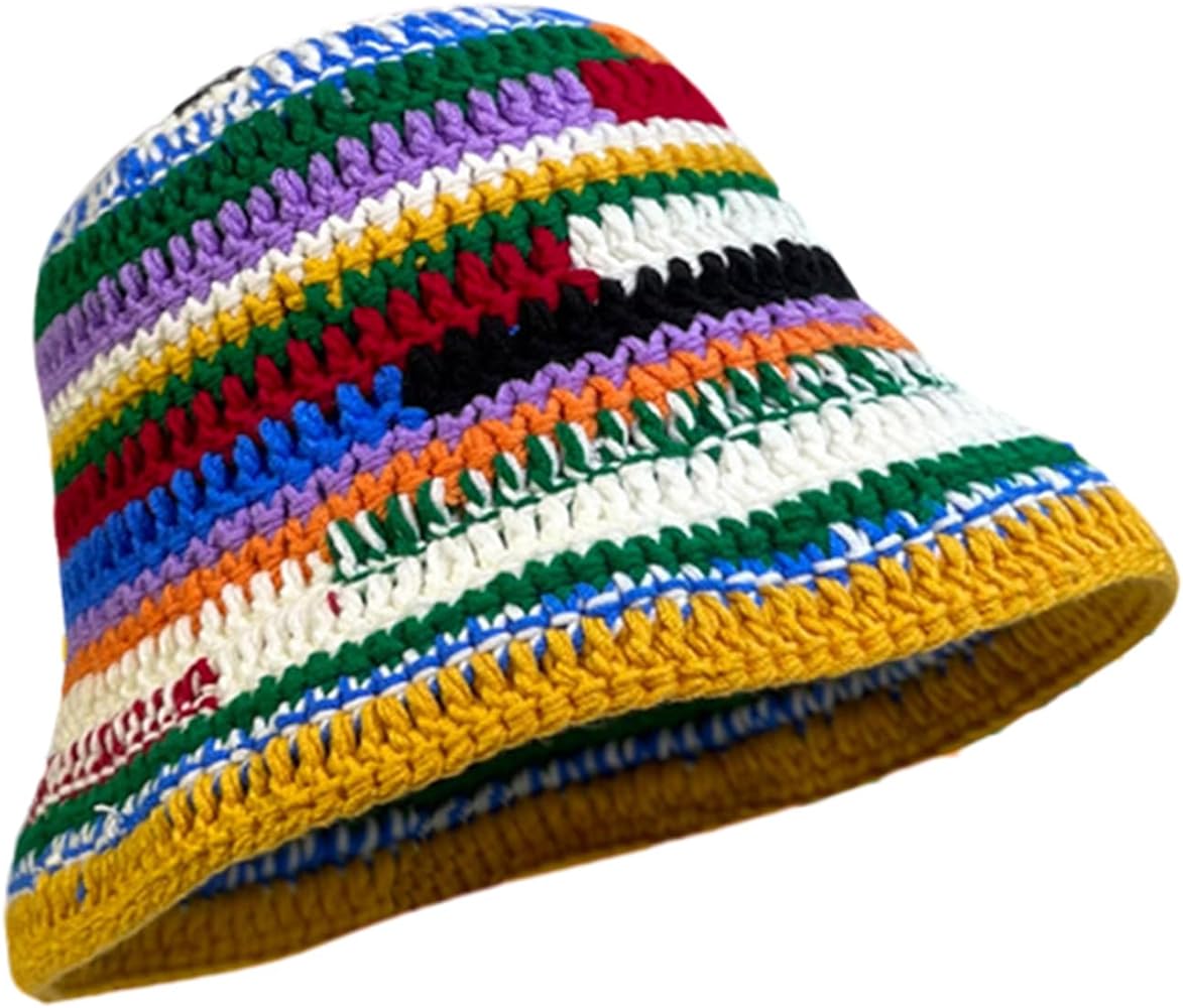 Colorful Bucket Hat for Women Men Knitted Hat Weaving Stripe Pattern Floppy Bucket Hat Winter Fisherman Cap