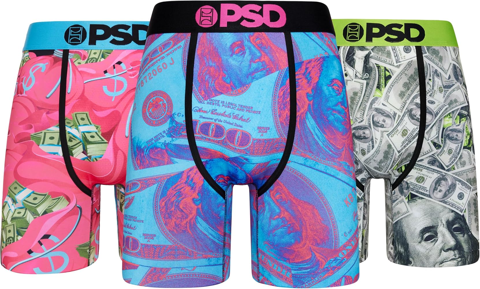 PSD Men's Money Print Boxer Briefs - 7 Inch Inseam Breathable and Supportive Men's Underwear with Moisture-Wicking Fabric