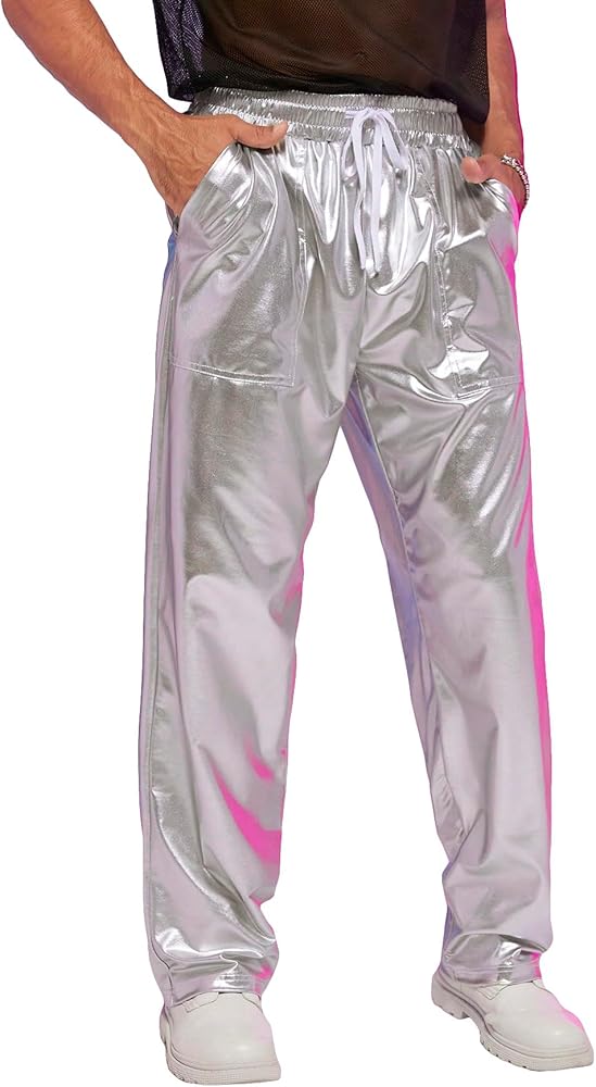 GORGLITTER Men's Drawstring Waist Metallic Shiny Pants Holographic Party Club Straight Leg Trousers