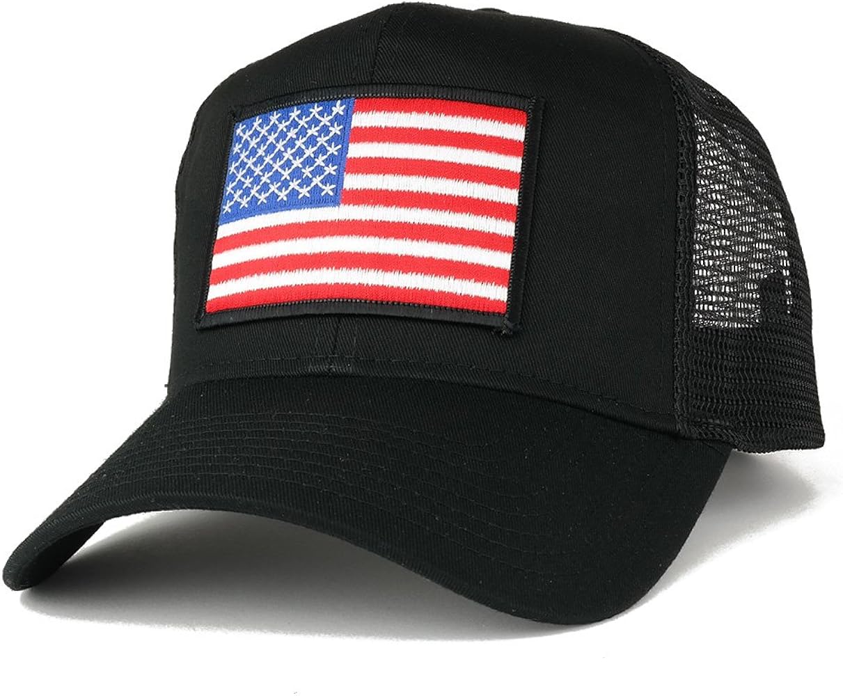 USA American Flag Patch Snapback Trucker Mesh Cap - Black