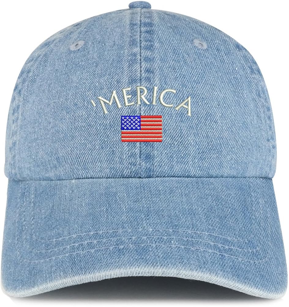 Trendy Apparel Shop Merica Small American Flag Embroidered 100% Cotton Denim Cap Dad Hat