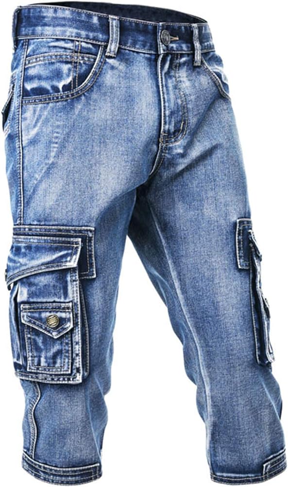 Men`s 3/4 Cargo Denim Shorts Biker Jeans with Multi Pockets