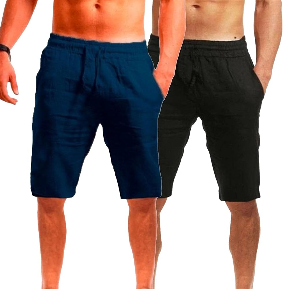 2 Pack Men's Linen Shorts Casual Drawstring Summer Beach Shorts Loose Fit Athletic Gym Golf Shorts with Pockets