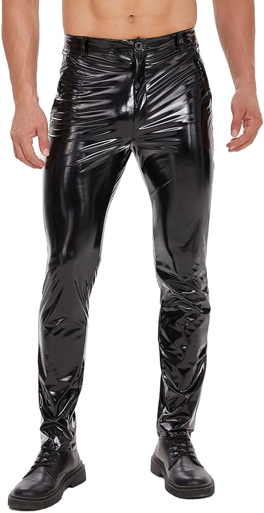 Mens Shiny Leather Pants, Sexy Zipper Open Crotch, Glossy PVC Leather Casual Trousers