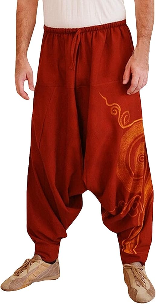 Cotton Linen Pants for Men,Aladdin India Asian Middle East Style Baggy Hippie Loose Fit Low Crotch Harems,Lounge Solid Hip Hop Joggers Classic Basic Wide Leg Trousers(Red,M)