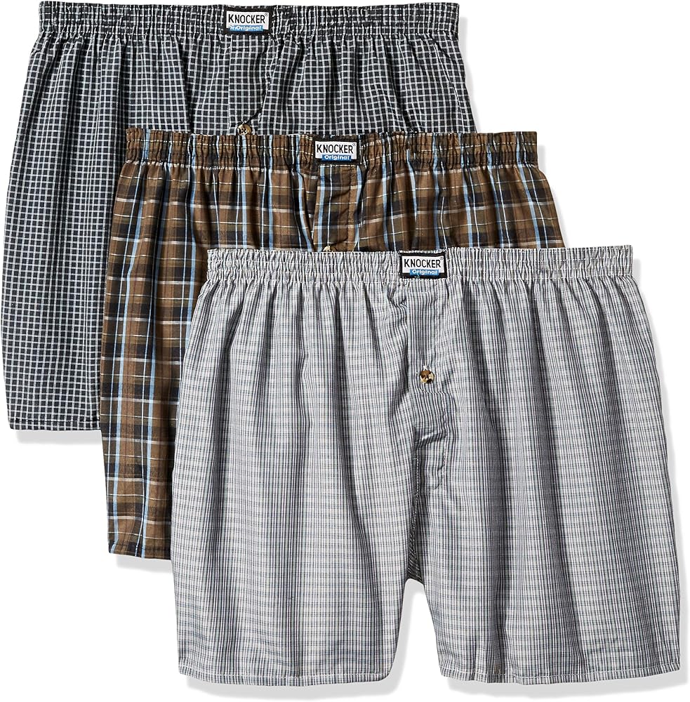 Knocker Mens Plaid Boxer Shorts Underwear Pack of 3 Pairs