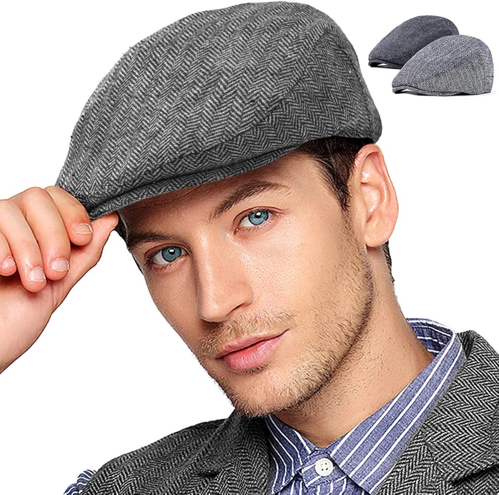 LADYBRO 2Pack Adjustable Newsboy Hats for Men Flat Cap Mens Irish Cabbie Tweed Ivy Cap