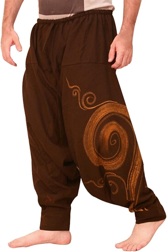 Cotton Linen Pants for Men,Aladdin India Asian Middle East Style Baggy Hippie Loose Fit Low Crotch Harems,Lounge Solid Hip Hop Joggers Classic Basic Wide Leg Trousers(Brown,M)