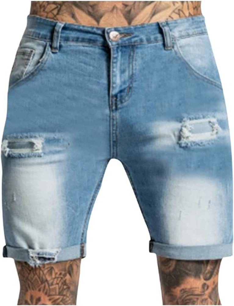 Men's Shorts Jeans Shorts Ripped Distressed Denim Shorts with Broken Hole Stretchy Jeans Shorts