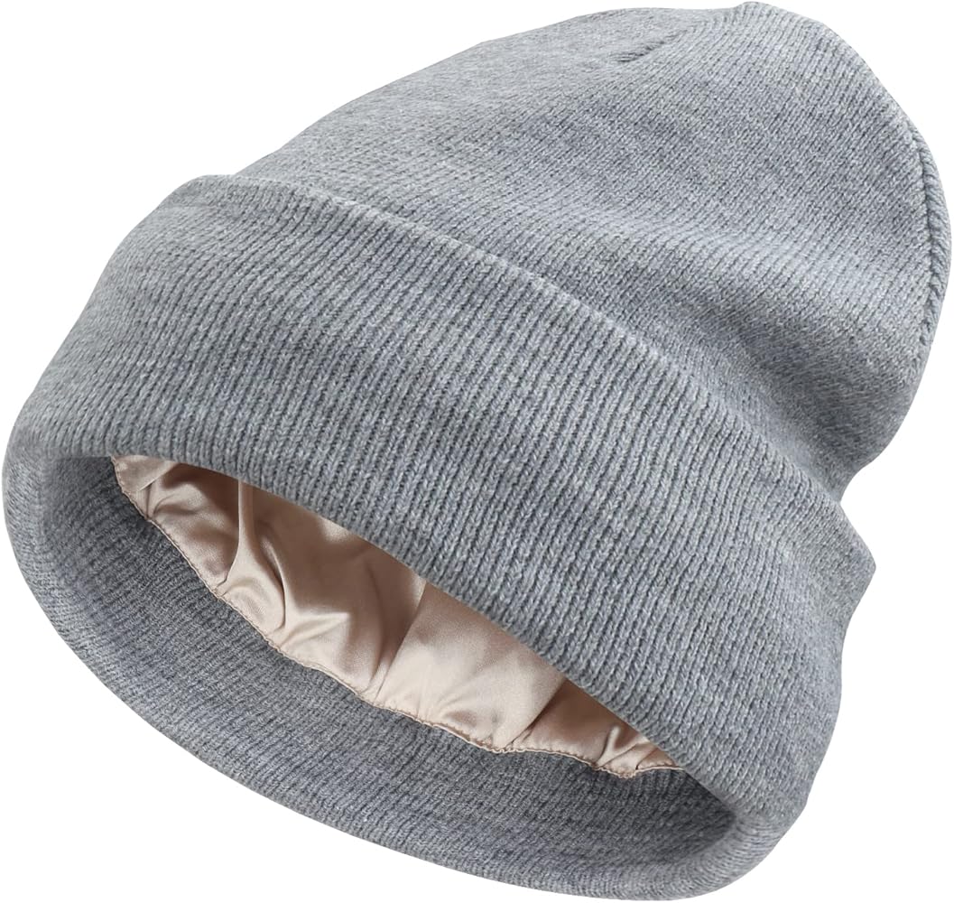 Naivlizer Slouchy Satin Lined Beanie for Men and Women Winter Beanie Cable Thick Chunky Cuff Beanie Hat