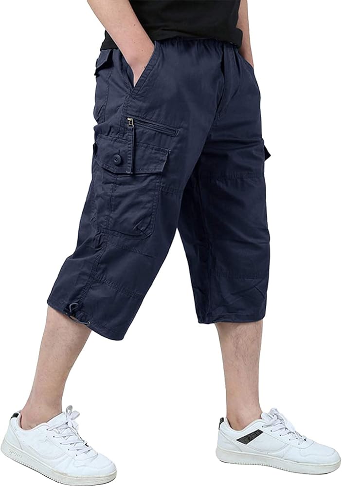 Men's Capri Cargo Shorts Elastic Waist Below Knee Shorts with Multi-Pocket