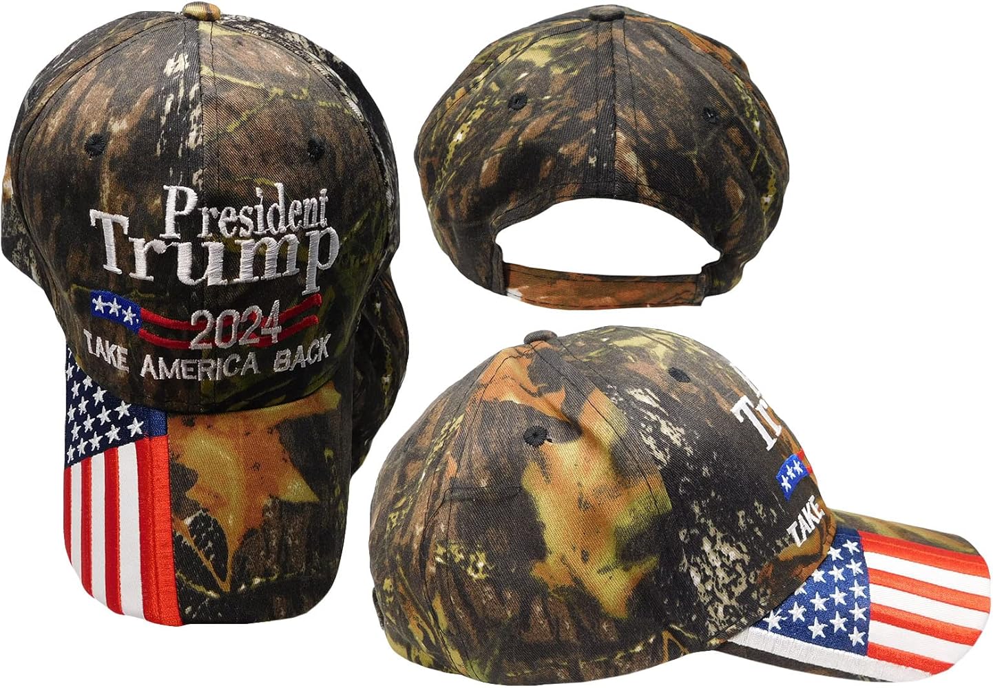 Trade Winds President Trump 2024 Take America Back Real Tree Camouflage Camo USA Flag On Bill Cotton Adjustable Embroidered Baseball Hat Cap, 7 3/4