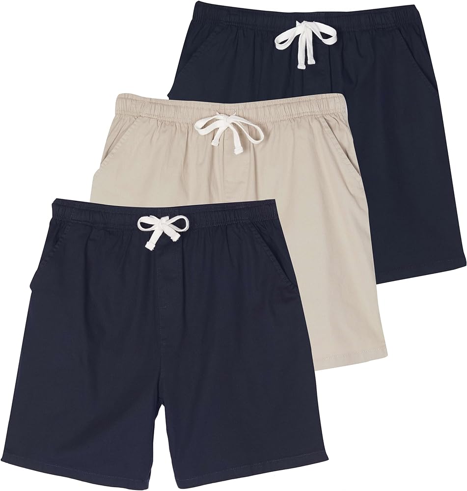 Real Essentials 3 Pack: Men's Cotton 7" Walk Short with Back Pocket & Drawstring - Casual Wear