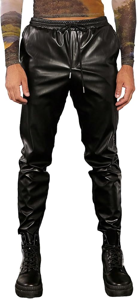 WDIRARA Men's PU Leather Drawstring Waist Tapered Solid Party Club Pants with Pockets