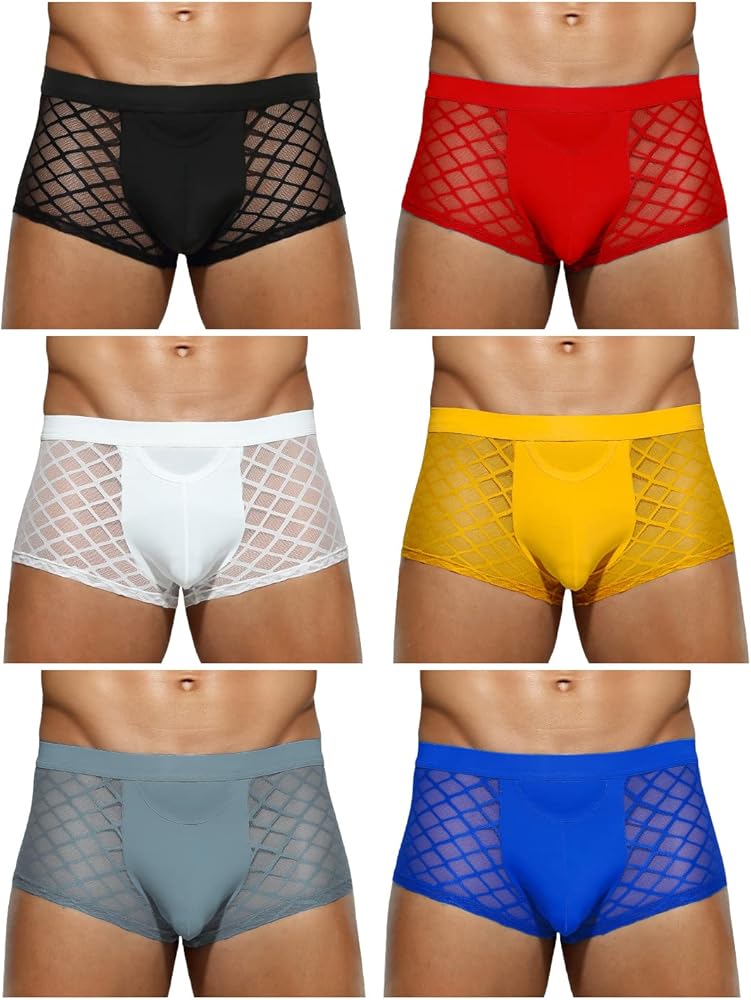 Casey Kevin Men's Underwear Sexy See Through Lace Boxer Briefs Mesh Trunks, 6 PACK-MULTICOLOR