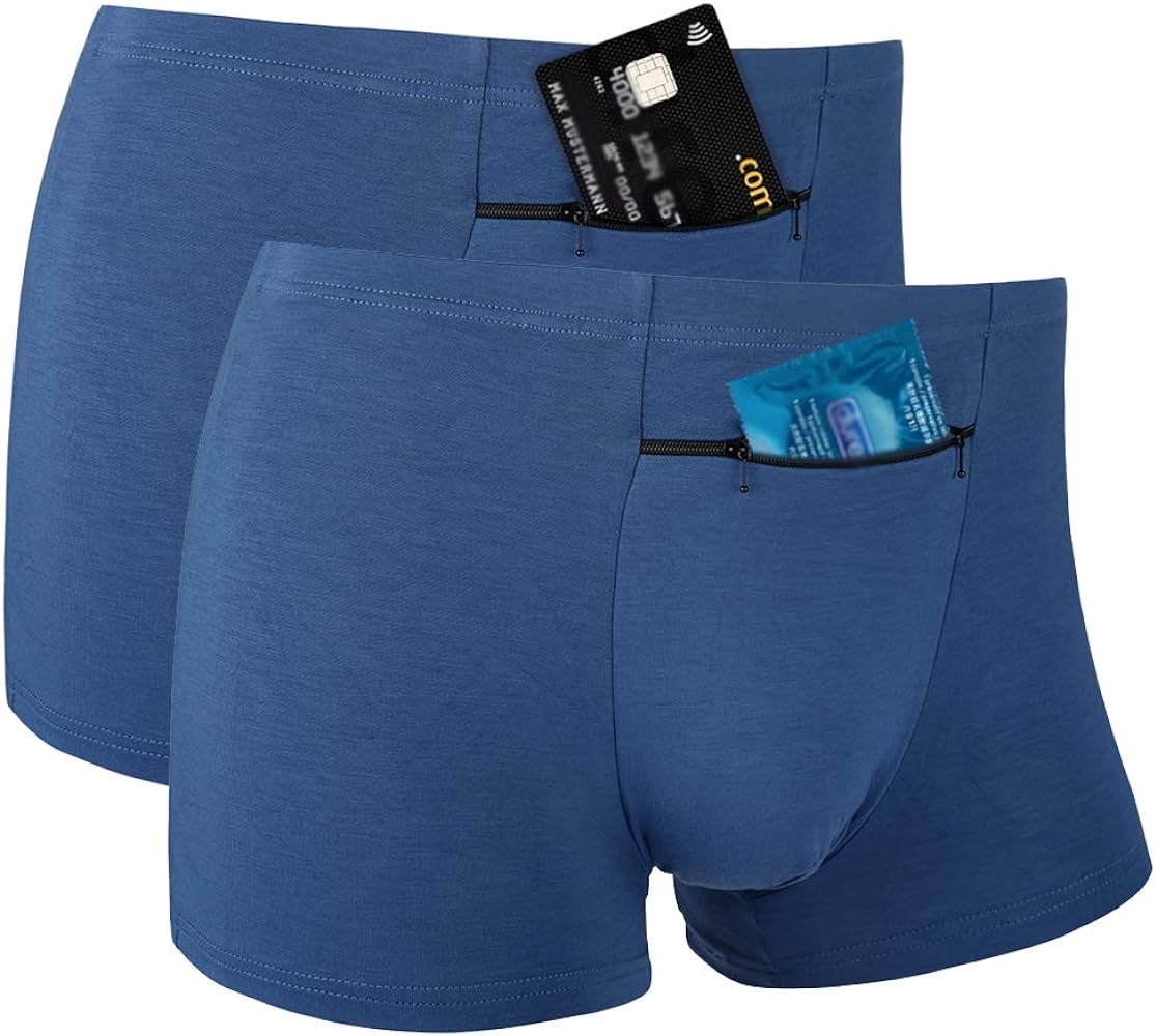 Men's Pocket Underwear with A Secret Front Stash Pocket Panties, 2 Packs (Blue)