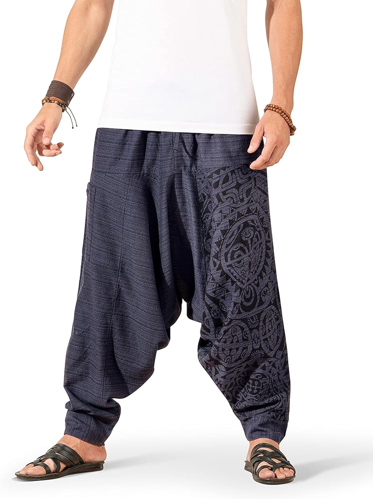 Men's Harem Pants with Pocket for Dance, Boho Hippie Cotton Oversized Tribal Asian Style Outfit for Men