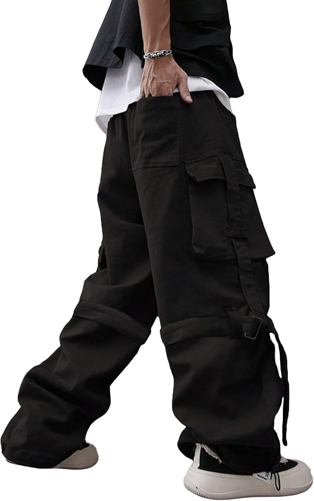 OYOANGLE Men's Casual Drawstring Waist Flap Pocket Cargo Pants Wide Leg Loose Fit Parachute Pants Joggers